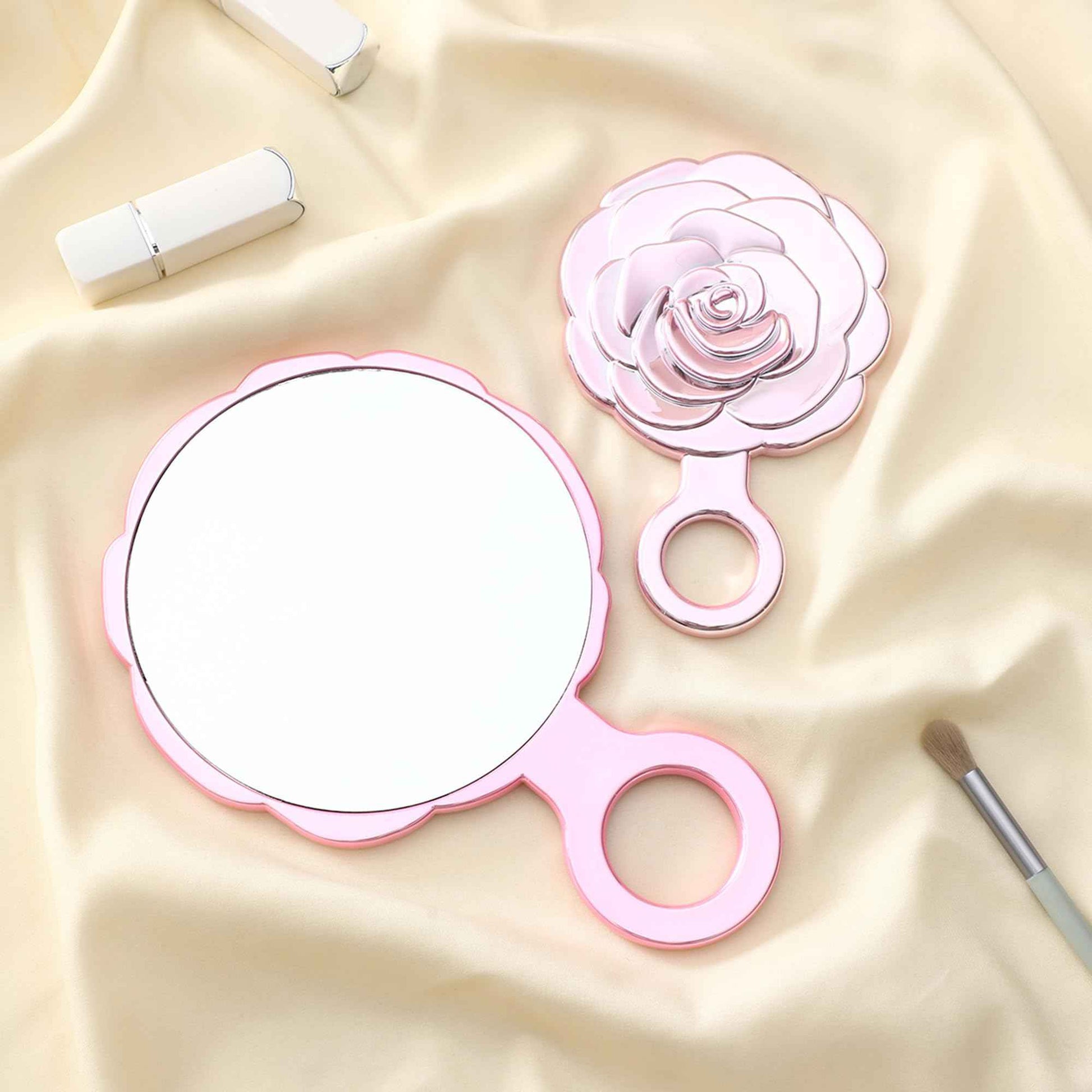 Funerom Round Rosebud Small Hand Mirror Handheld Mirror with Handle Large Hand Mirror (Electroplated Pink, 9.1 x 6 inch)