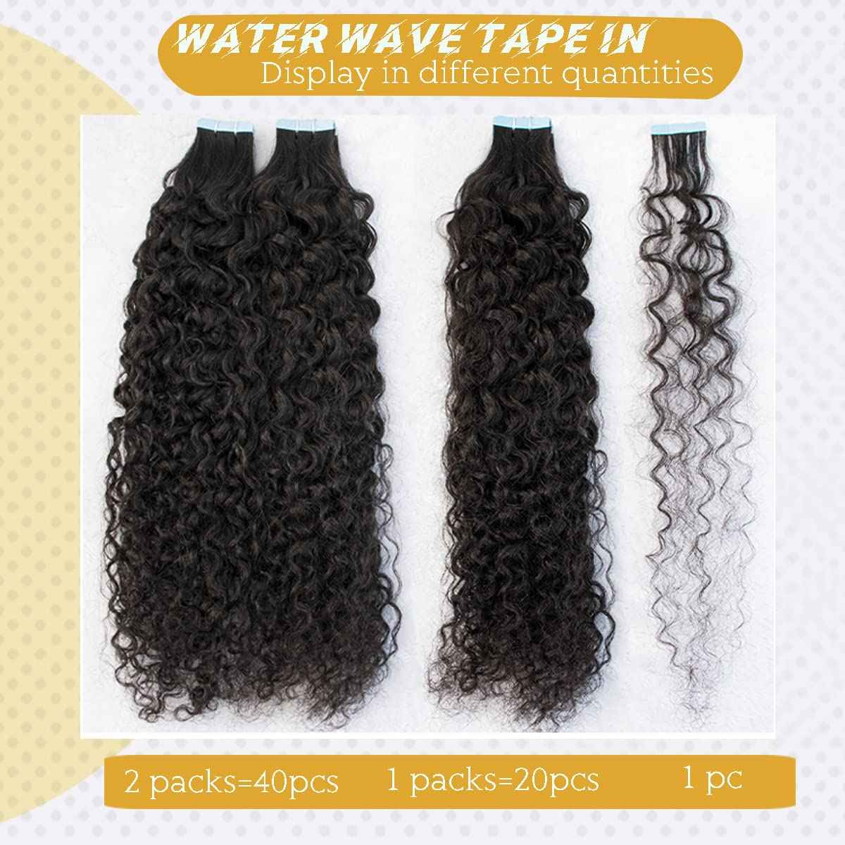 Water Wave Tape in Human Hair Extension for Black Women,9A Brazilian Human Hair Adhesive Tape in Hair Loose Wave Skin Weft Tape ins Human Hair Extension Full Ends 20PCS 50G(16inch #Natural Black)