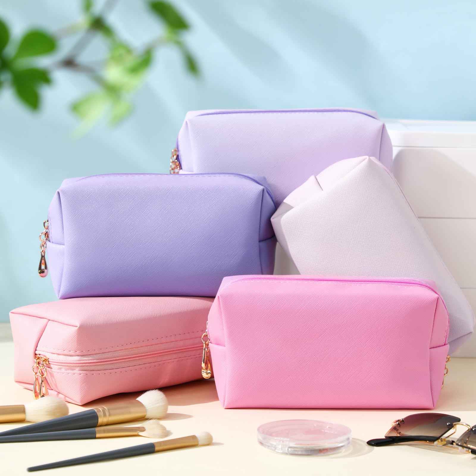 Kigeli 15 Pcs Aesthetic Makeup Bags PU Leather Cosmetic Pouches Waterproof Plain Toiletry Bags Makeup Pouches Bulk for Women Party Gift Travel Storage Organizer(Pink Purple)