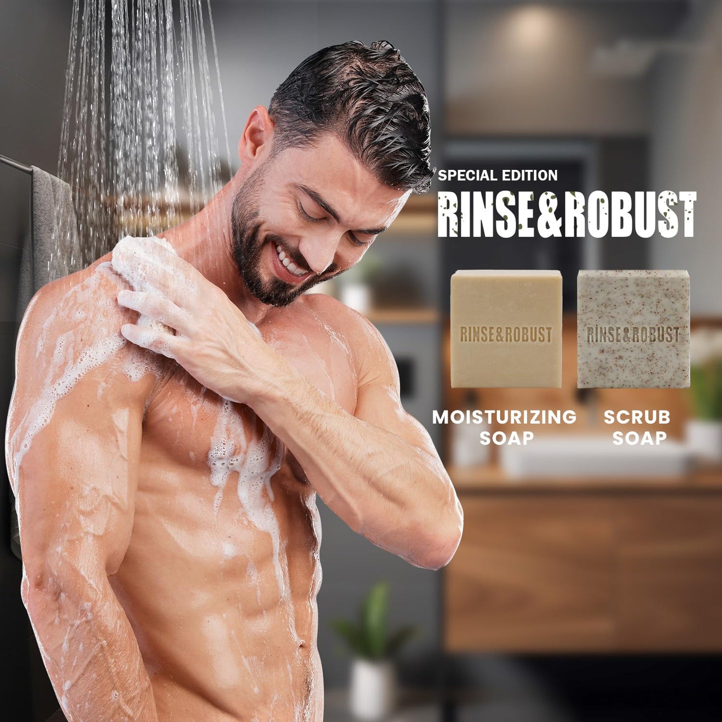 Rinse & Robust Mens Bar Soap Bath Bar Soap 3Pack Handmade Natural Soap Bar Set Cleansing Bar Moisturizing&Exfoliating Scrub Soap Gift Set for Men | Leather, Sandalwood, Teakwood | 3.5 oz of 3 Bars