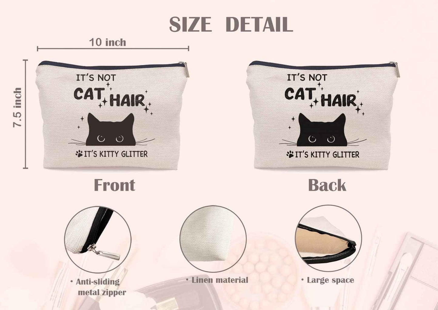 Lacosu It's Not Cat Hair It's Kitty Glitter Funny Black Cat Makeup Bag Make up Cosmetic Bag Small Zipper Pouch,Birthday Gifts for Cat Lovers Women Sister Daughter