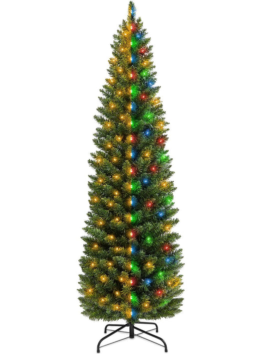 TURNMEON 6 Ft Prelit Pencil Tree Fraser Artificial Fir Dual Color Change Slim Christmas Tree 200 Warm White & Multicolor Lights 8 Modes Timer Realistic Thick Branch Indoor Outdoor Decor Xmas Holiday