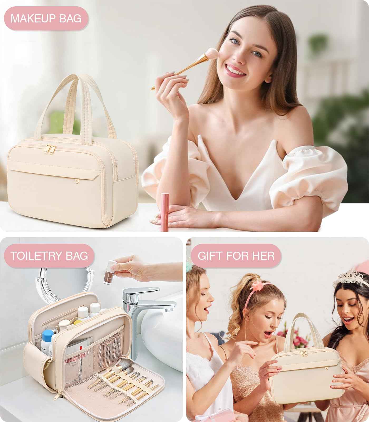 Hairao Travel Toiletry Bag, Lightweight Large Wide-open Toiletry Bag for Women, Puffy Makeup Bag with Handle, Carry-on Wet and Dry Travel Cosmetic Bag For Accessories, Essentials, Toiletries, Beige