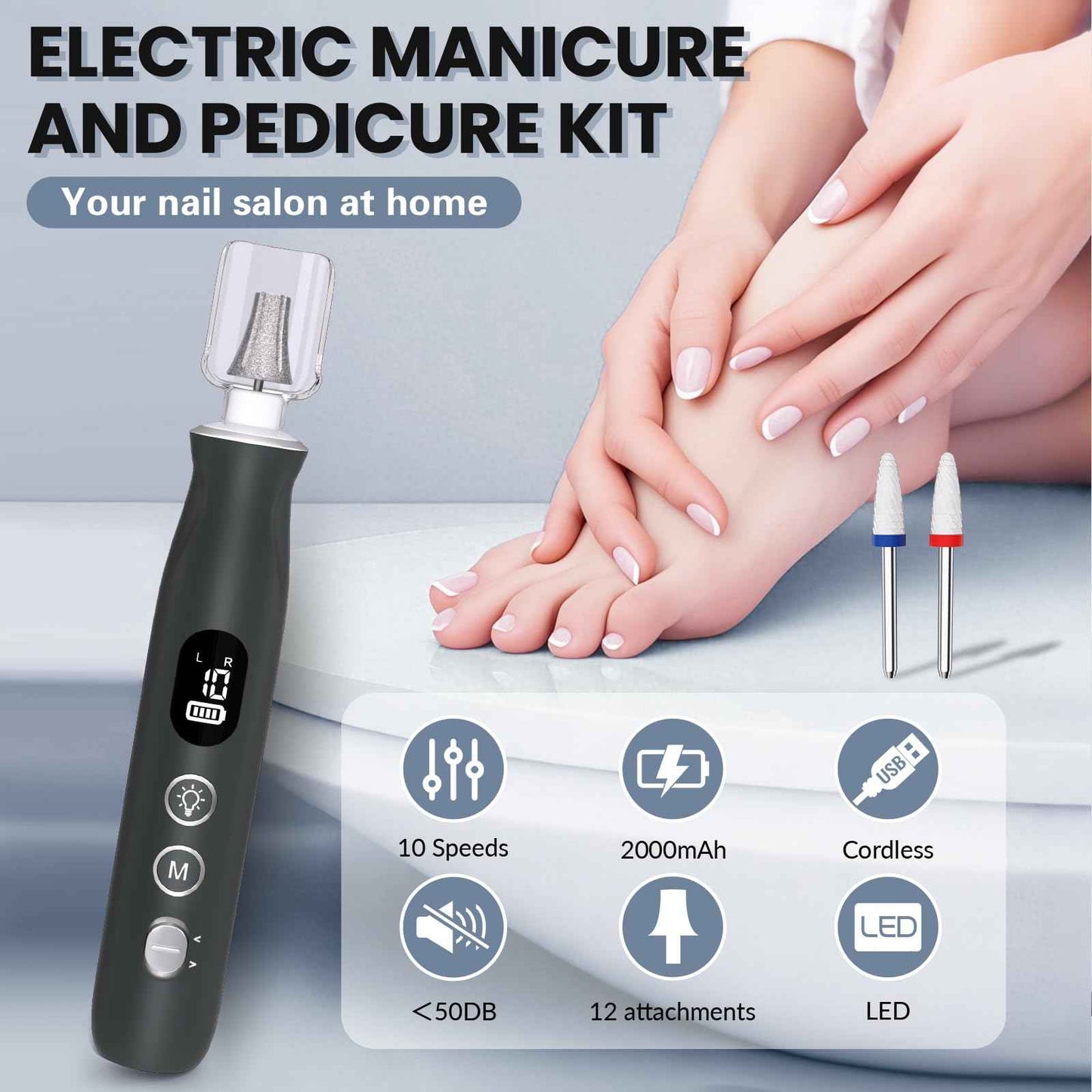 Electric Nail Drill, Cordless 2000 mAh Rechargeable Portable Nail File 12 in 1 Kit for Thick Toenails, 10 Speeds Nail Dril Machine Professional Manicure Pedicure for Hand Natural Nails Care (Grey)