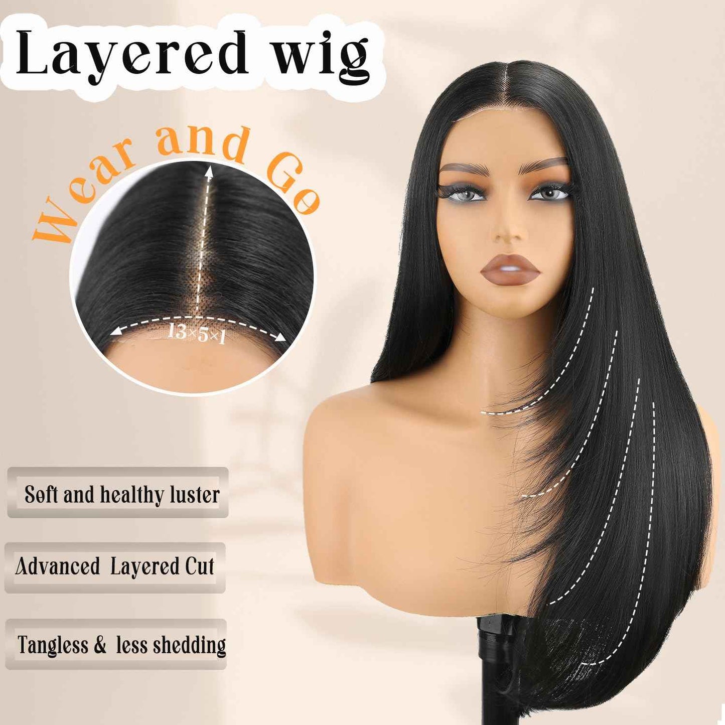 NOSTALGIA Black Wear and Go Glueless Wigs Straight Lace Front Wig Pre Cut Glueless Synthetic Layered Wig 24 Inch Middle Part Closure Wig For Women
