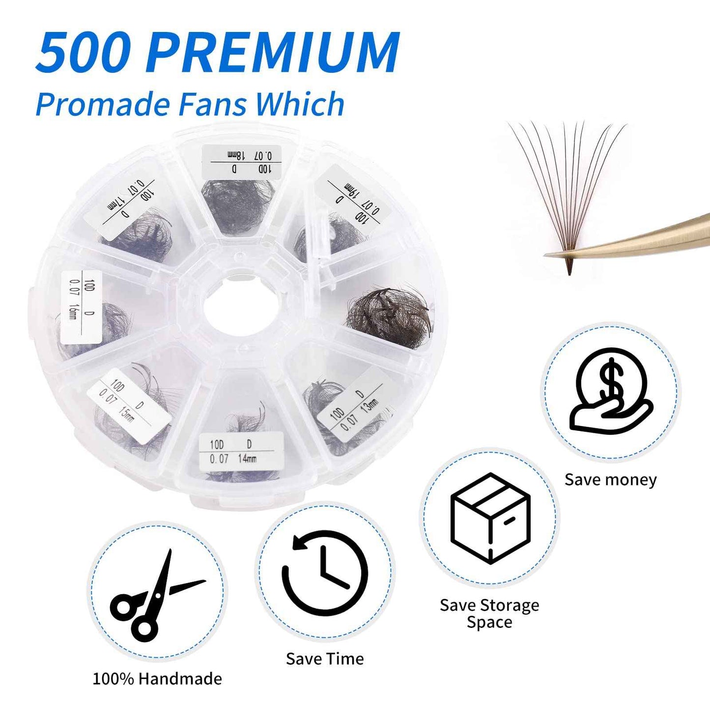 Premade Brown Eyelash Extension 500 Fans Handmade Loose Volume Lashes 10D Pre-made Fans 0.07mm C/D Curl 13-20mm Mixed Volume Eyelash Extensions (500PCS-10D-0.07-D, 13-20mm MIXED)