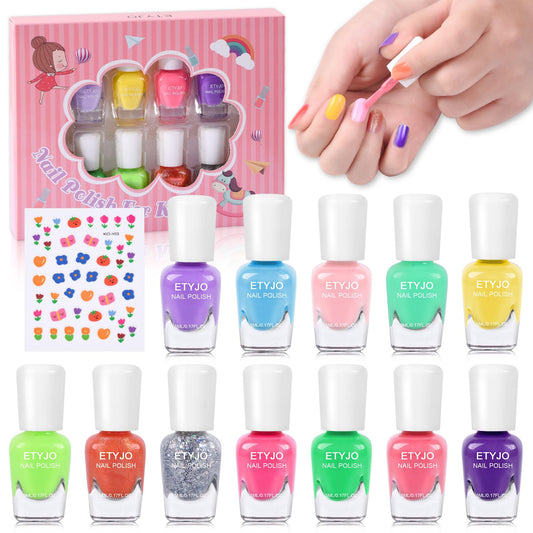 ETYJO Kids Nail Polish Set - Nail Polish for Girls Ages 3-12 | 12 Rainbow Colors | Non-toxic, Water-based, Low Odor | Peel-off, Quick Dry | Children Nail Polish Kit for Teens, Children, and Toddlers