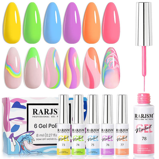 RARJSM Nail Art Liner Gel Polish 6pcs Set Marshmallow Pastel Yellow Green Blue Purple Orange Pink Spring Summer Colors Line Gel Painting for Nail Design Bulid in Thin Brush Curing Requires 8ml