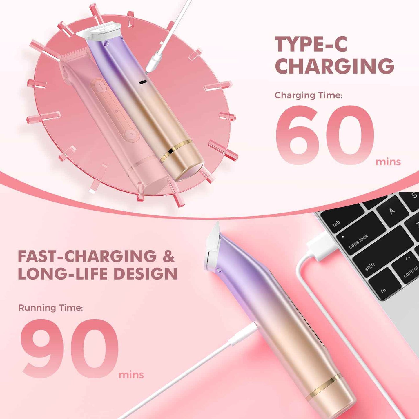 Bikini Trimmer for Women, 2-in-1 Painless Electric Razor for Body and Pubic Hair, IPX7 Waterproof Shaver with Dual Heads - Rechargeable Lady Trimmer for Bikini, Underarm, and Leg (Coral Purple)