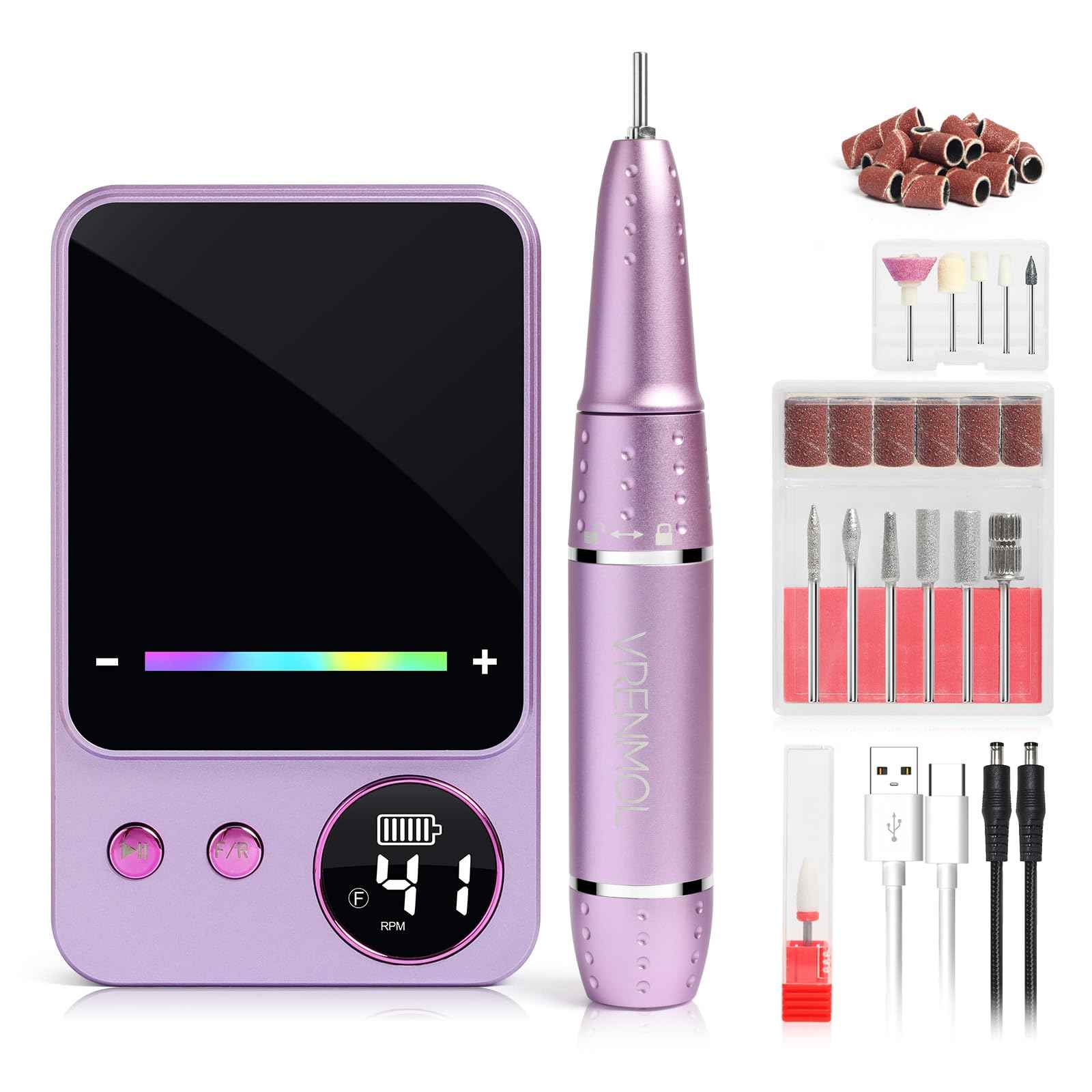 Vrenmol Nail Drill Professional: 45000 RPM Electric Nail File Smart Touchscreen Rechargeable Nail Dr Ill Kit Portable Nail Drill with 12 Drill Bits for Acrylic Nail Gel Polishing Removing Efile Salon
