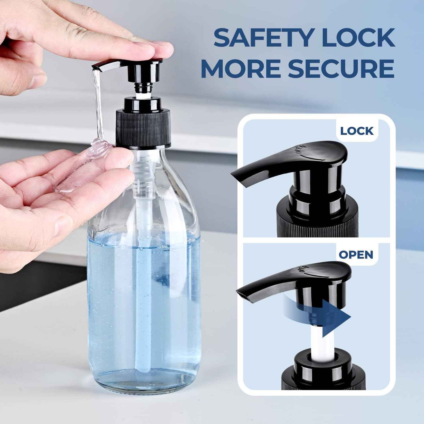 Glass Pump Bottle Dispenser 10.8 oz，Homepicker Lotion Bottle with Pump for Body Oil，300ml Glass Bottles with 1 Extra Pump Tops, Black Caps, Labels - 2 Pack