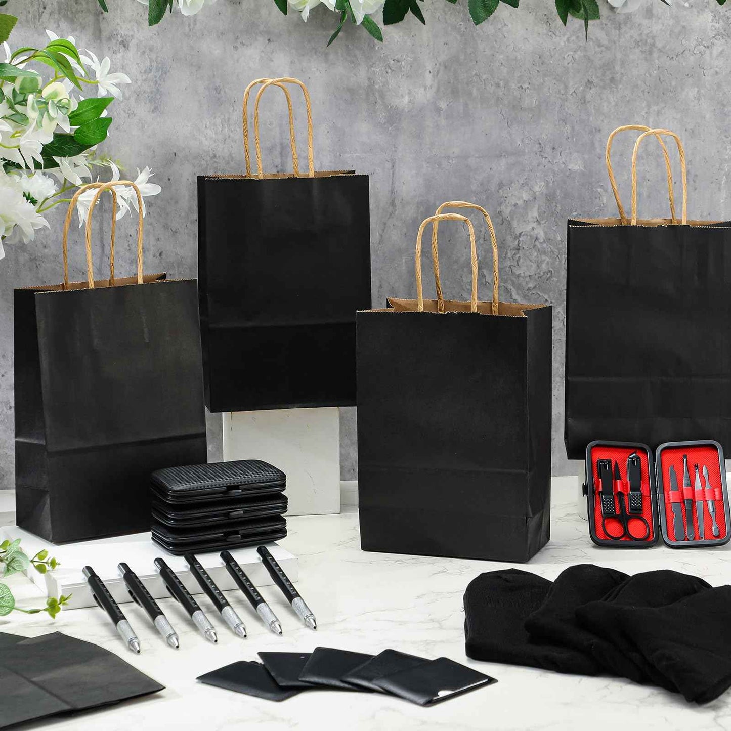 Leriton 6 Sets Christmas Gifts Baby Shower Game Prizes for Men Include Black Kraft Paper Gift Bags Manicure Kit Tools Socks Pens 11-in-1 Survival Card Tool for Men Husband Father(Black)