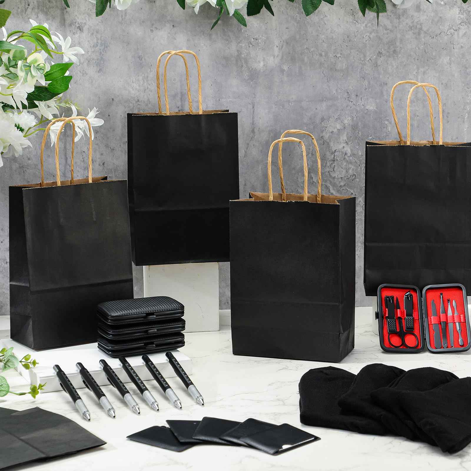Leriton 6 Sets Christmas Gifts Baby Shower Game Prizes for Men Include Black Kraft Paper Gift Bags Manicure Kit Tools Socks Pens 11-in-1 Survival Card Tool for Men Husband Father(Black)