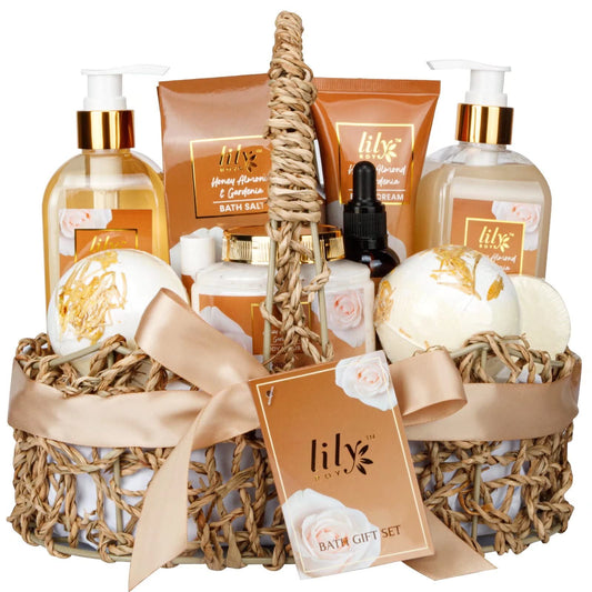 LILY ROY Mothers Day Spa Gift Baskets Set for Women 12pcs Honey Almond Bath and Body Perfume Spa Kit for Christmas Birthday Gifts for Women Works Self Skin Care Gifts Set Bath Spa Gift Set