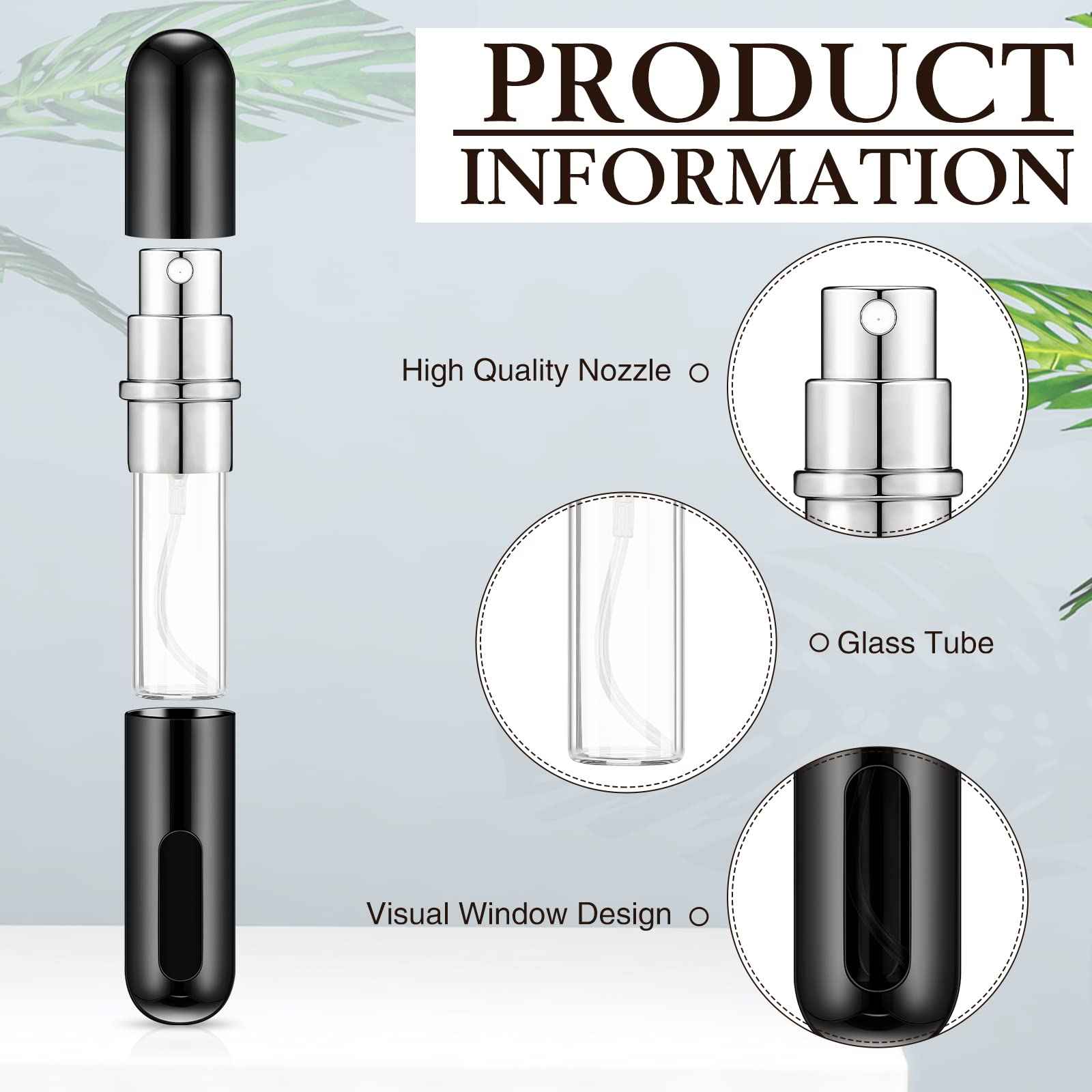 Bright Black Refillable Perfume Atomizer - 5 ml Mini Spray Bottle with 10 Dispenser Pumps - Travel Perfume Bottle Case