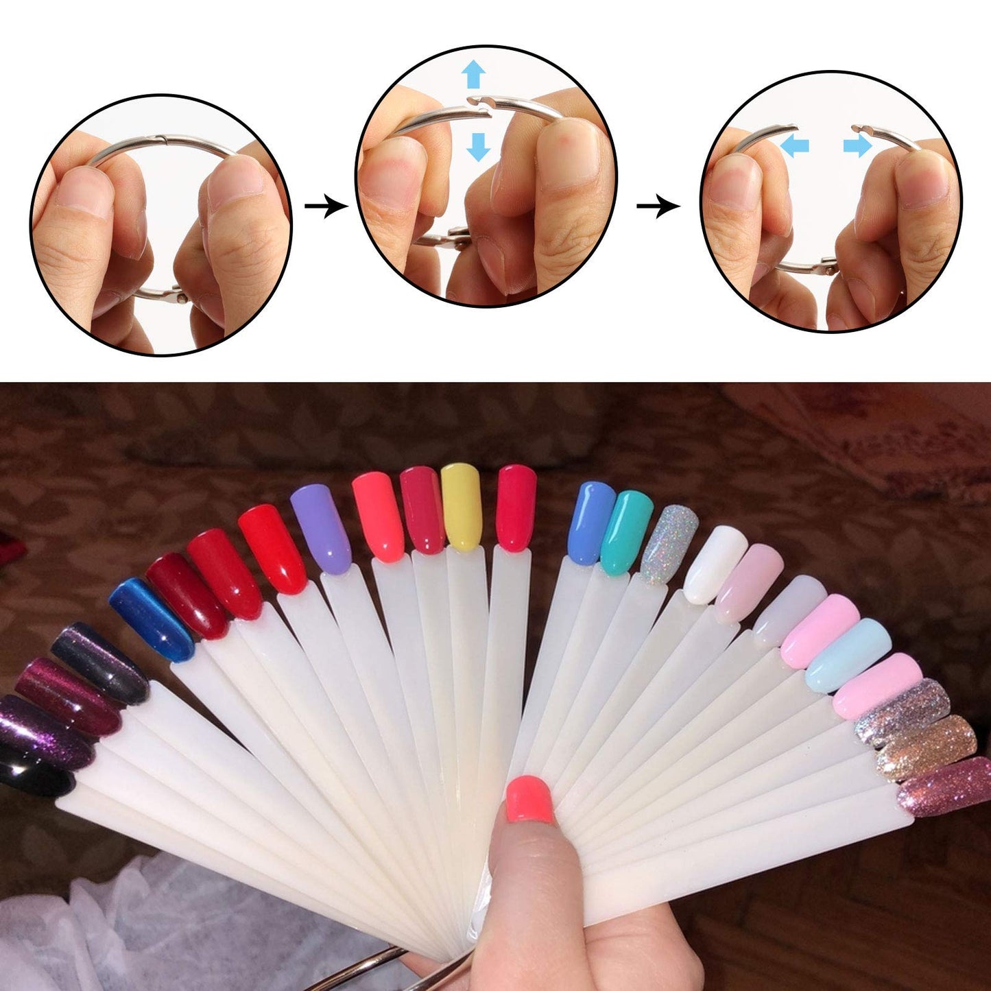 ZOENHOU 150 PCS Natural Nail Swatches Sticks, Plastic Nail Polish Sticks Nail Color Tips Display Practice Nail Art Sample Sticks with Ring for Professional Use, Home DIY Art Supplies