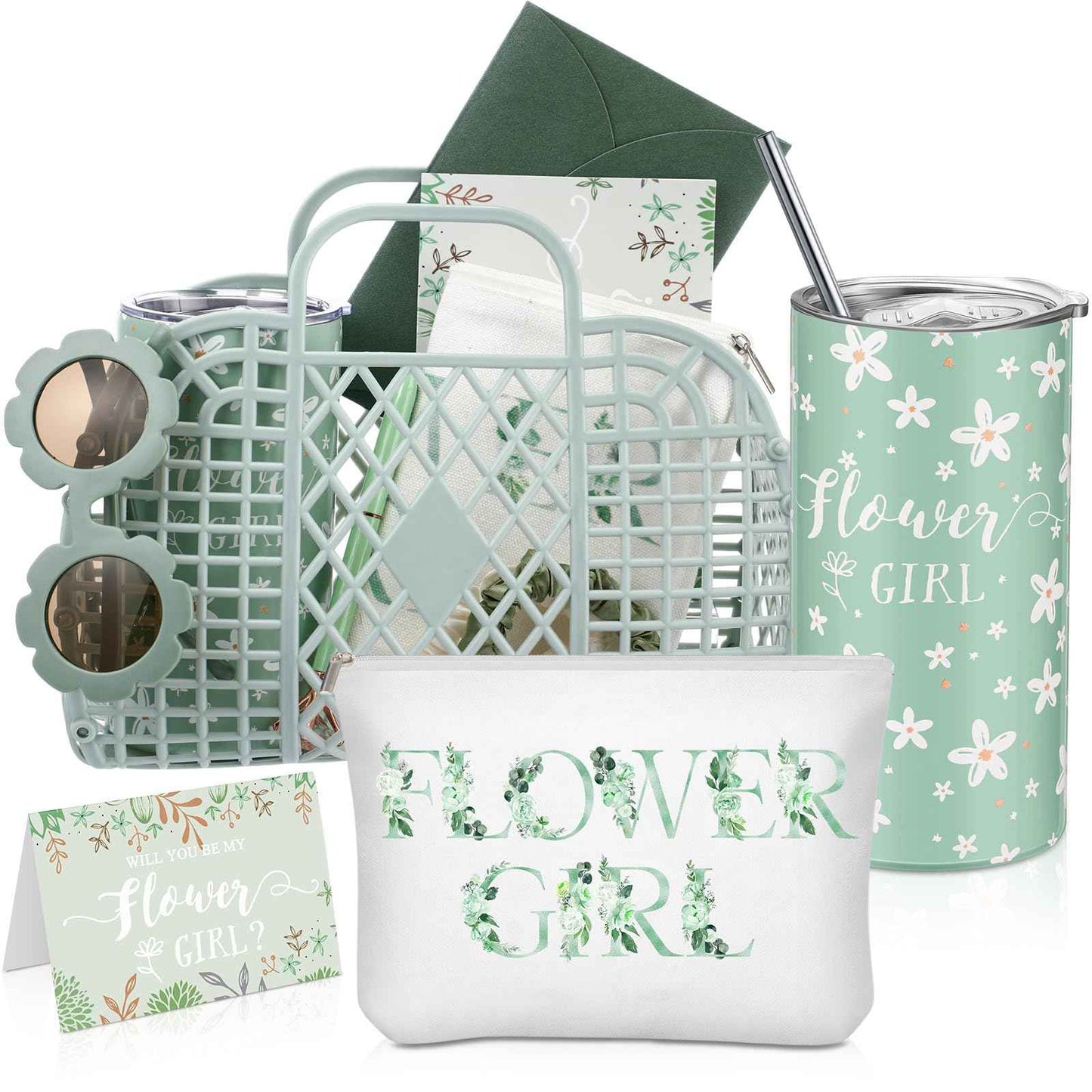 Ninehaoou 10 Pcs Flower Girl Jelly Basket Set Flower Girl Tumbler Sunglasses Makeup Bag Hair Scrunchies Clip Proposal Card with Pen Envelope Plastic Handbag for Wedding Bridal Shower (Green)