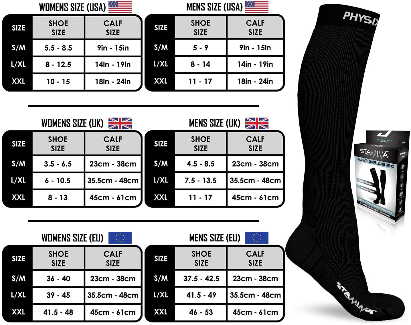 Physix Gear Compression Socks 20-30 mmHg - Men & Women - Running, Nurses, Shin Splints, Flight, Travel (Black-S/M)