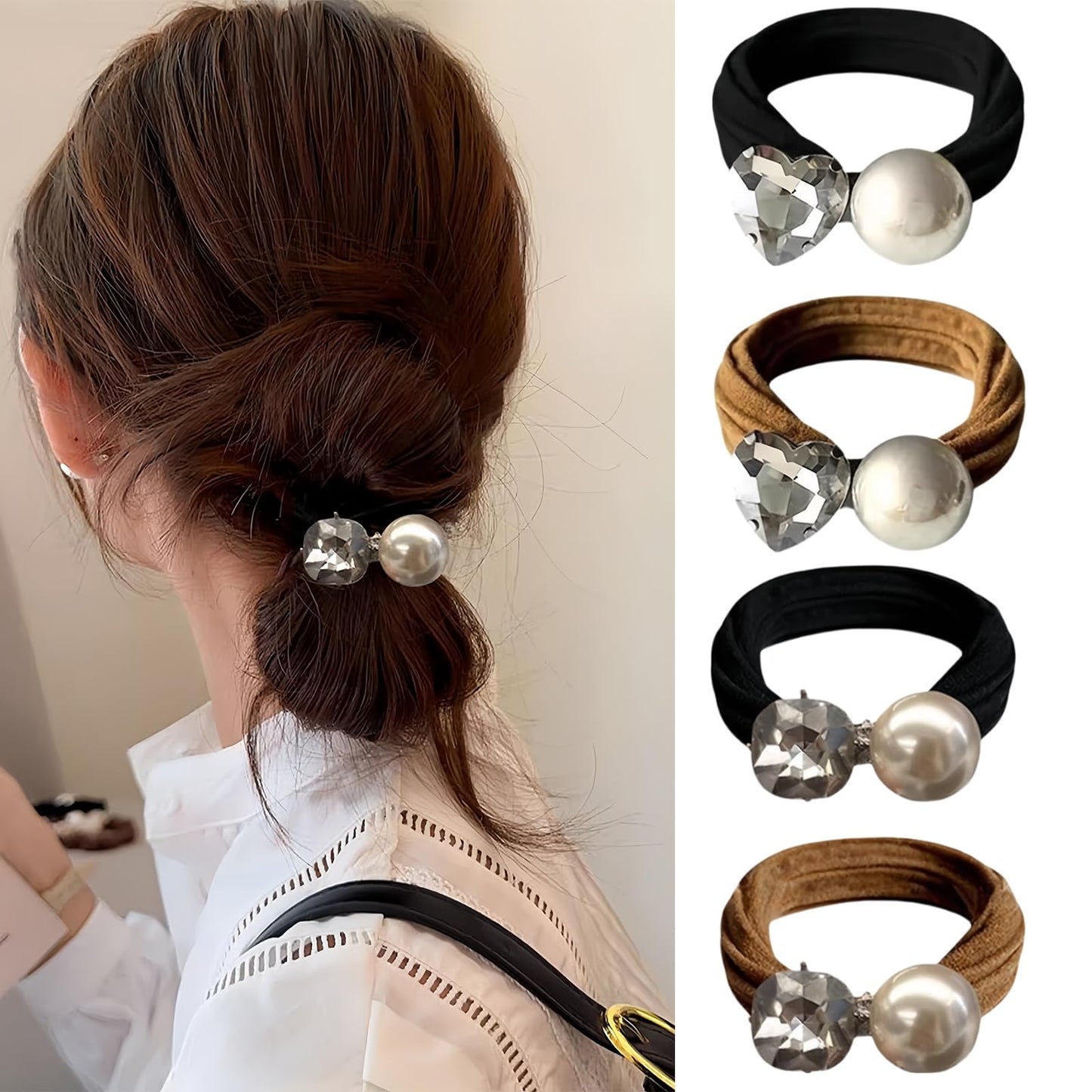 4Pcs Pearl Hair Scrunchies for Women, UNLONLEG Sparkling Diamonds Hair Rope, Rhinestone Hair Ties, Cotton Scrunchies for Women Ponytail Hair Accessories for Girls(A#)