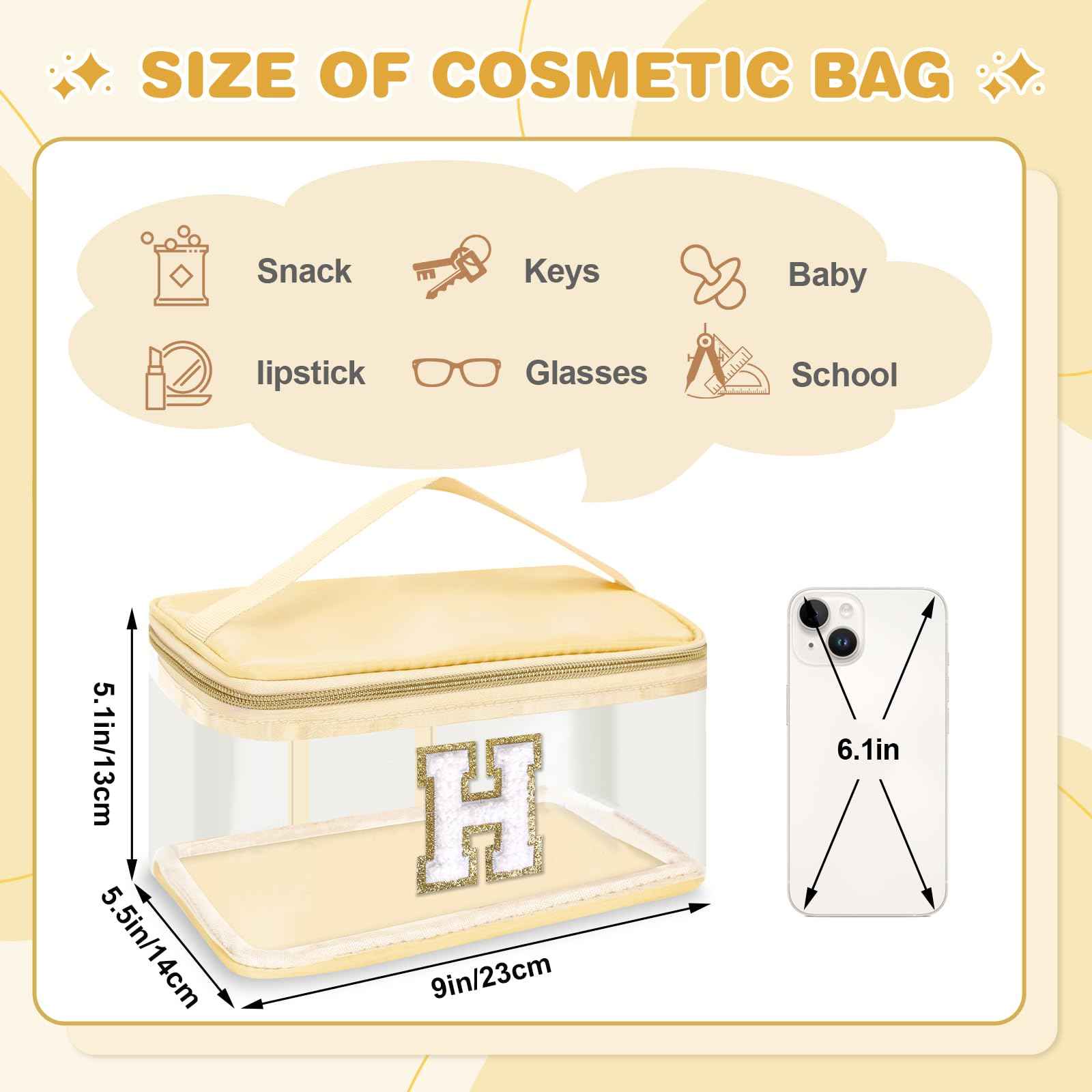 UIXIZQ Personalized Initial Letter Patch Clear Makeup Bag,Cute Preppy Chenille Letter Travel Cosmetic Bag with Handle,Nylon Toiletry Bag Handbag,Large Make up Storage Zipper Pouch for Women,H