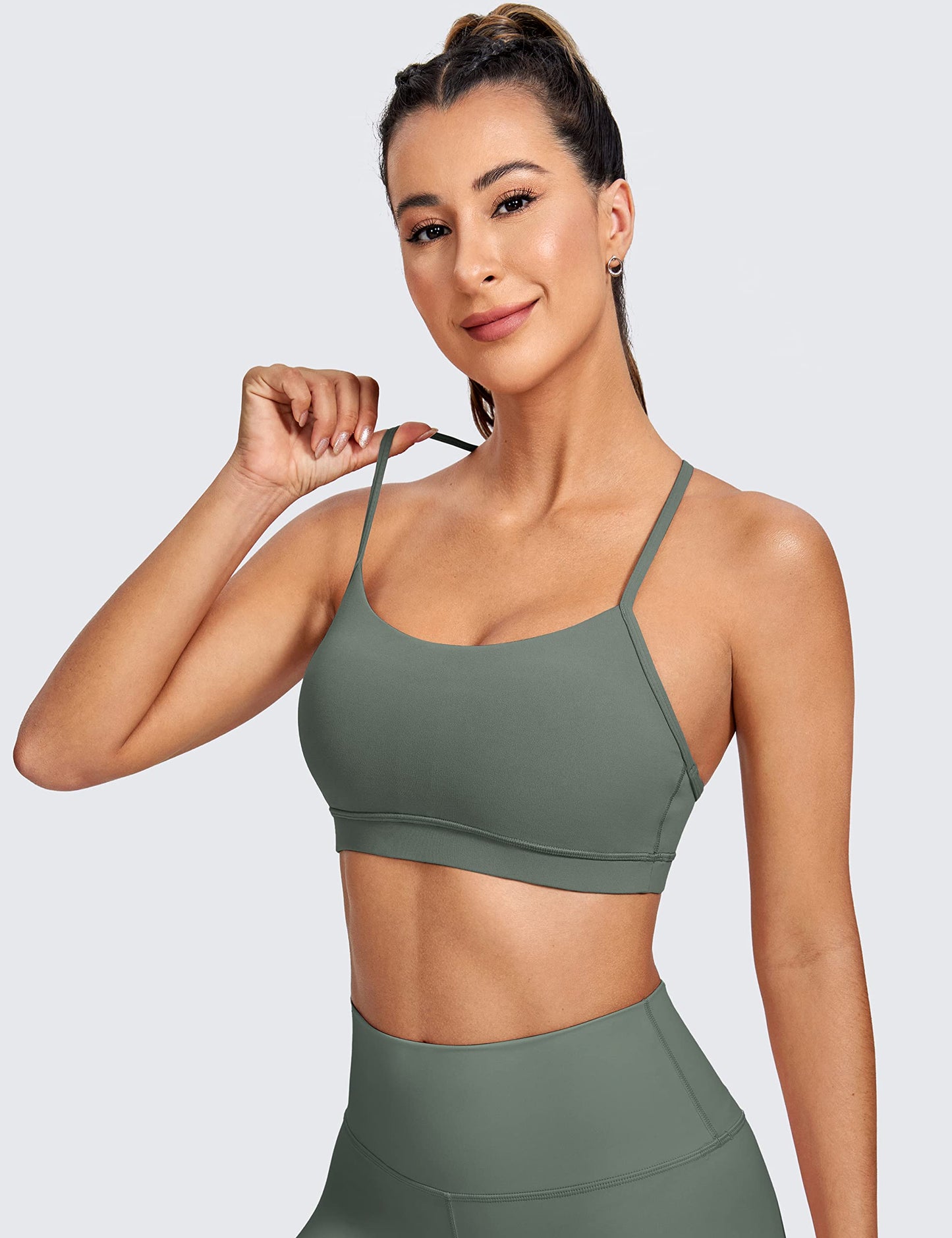 CRZ YOGA Butterluxe Womens Y Back Sports Bra - Padded Racerback Low Impact Spaghetti Thin Strap Workout Yoga Bra Grey Sage X-Small