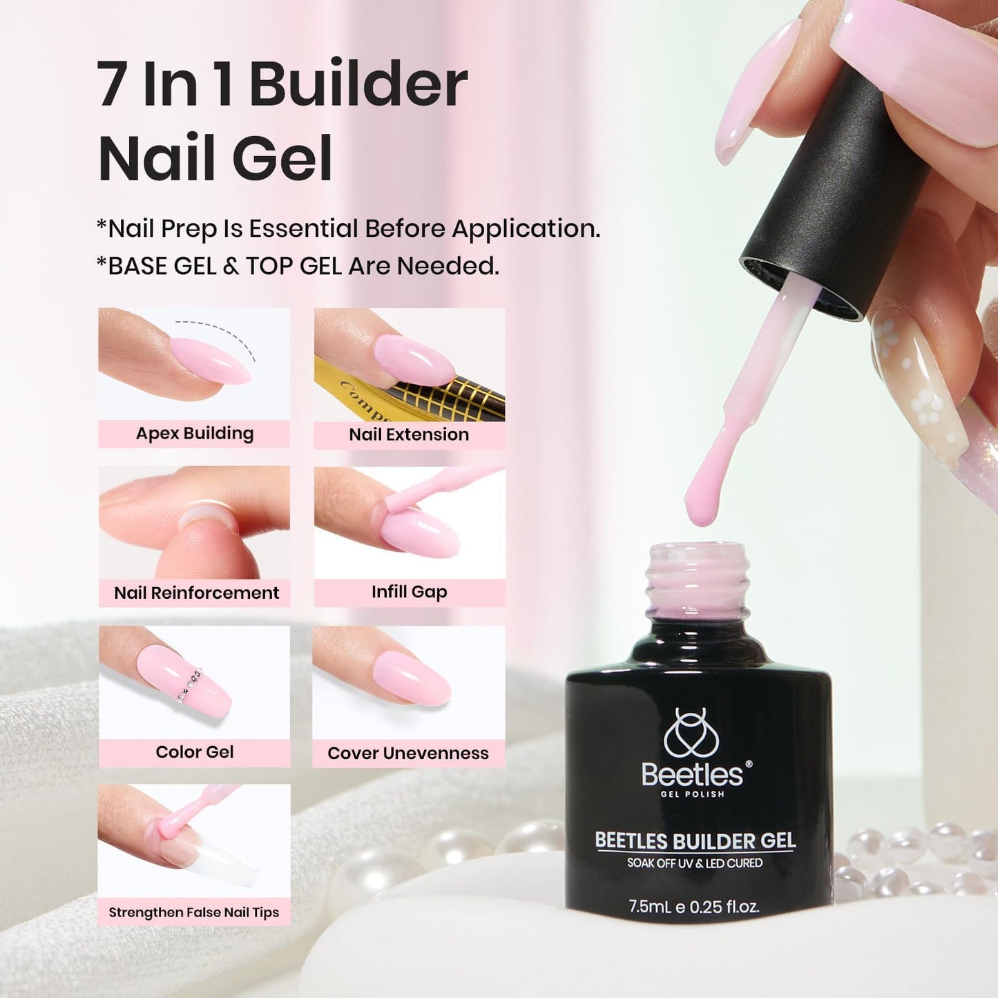 Beetles Builder Gel Polish 7 in 1 Builder Strengthener Gel 6 Colors Nude Pink Milky White Brown Hard Gel Nail Extension Gel for Nail Art Design