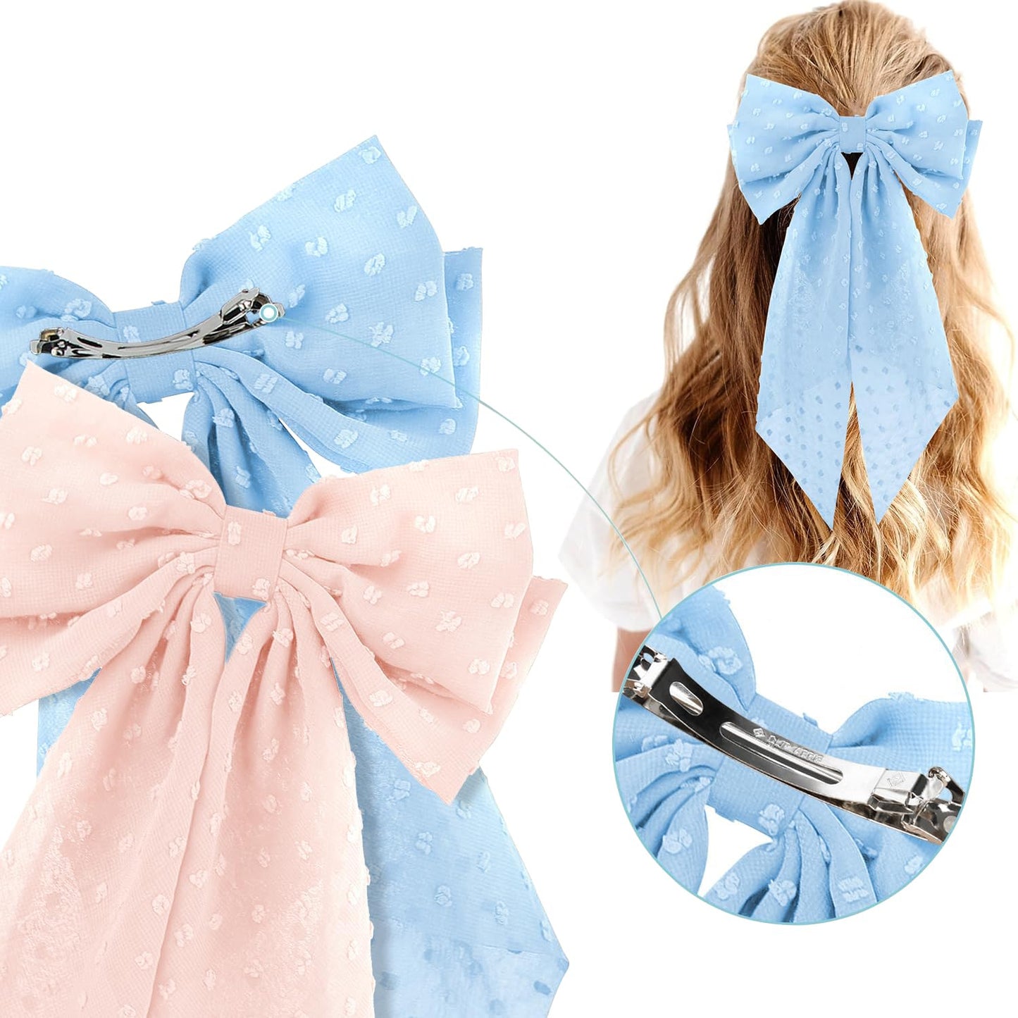 2PCS Large Hair Bows Ribbon Hair Clips, Double Layers Big Bow Hair Clip With Long Tail Ribbon Bowknot Hair Barrettes, Ponytail Holder Hair Accessories for Women Girls (Blue+Pink)