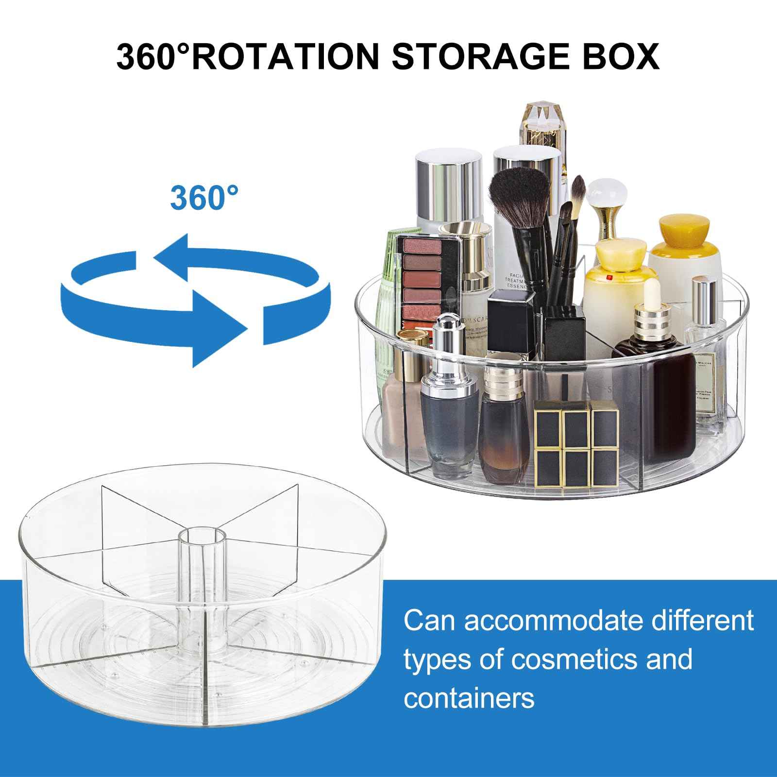 360° Rotating Makeup Organizer 11.5" Clear Turntable Lazy Susan Organizer for Vanity, Bathroom Counter, Pantry, Cabinet, Spinning Cosmetic Storage Holder with 5 Dividers for Skincare, Makeup Brushes