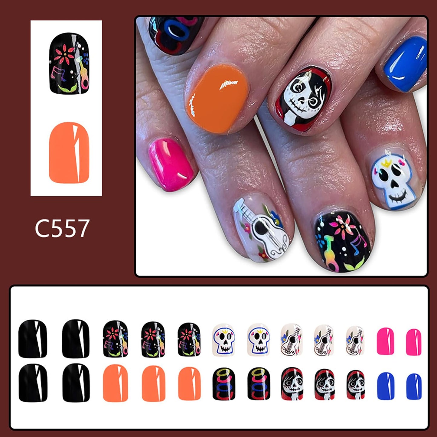 Halloween Press on Nails Short Square Fake Nails Devil Girls Sugar Skull False Nails with Designs Full Cover Fall Acrylic Nails Halloween Glossy Glue on Nails Manicure Artificial Nails for Women Girls