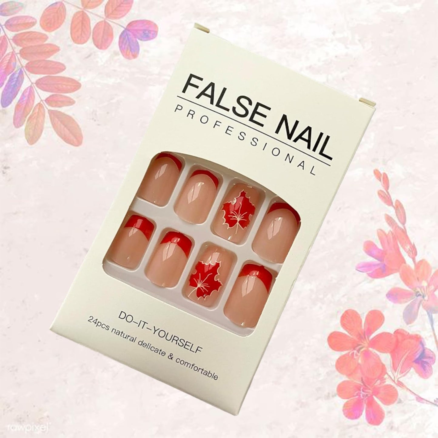 24PCS Fall Maple Leaf Press on Nails Thanksgiving Fake Nails French Tip Glue on Nails Short Square False Nails Full Cover Orange Maple Leaves Stick on Nails Glossy Artificial Nails for Women Girls