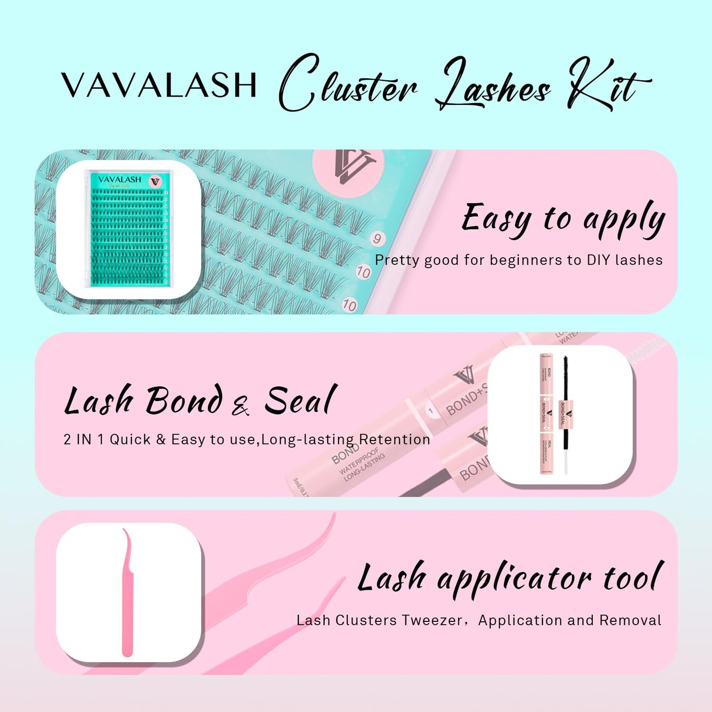 VAVALASH DIY Lash Extension Kit Individual Cluster Lashes Kit 10D 0.07-D-9-16mm Lash Clusters, Lash Bond and Seal, Lash Tweezer for DIY Eyelash Extension at Home（Kit-10D-0.07-D-9-16MIX）