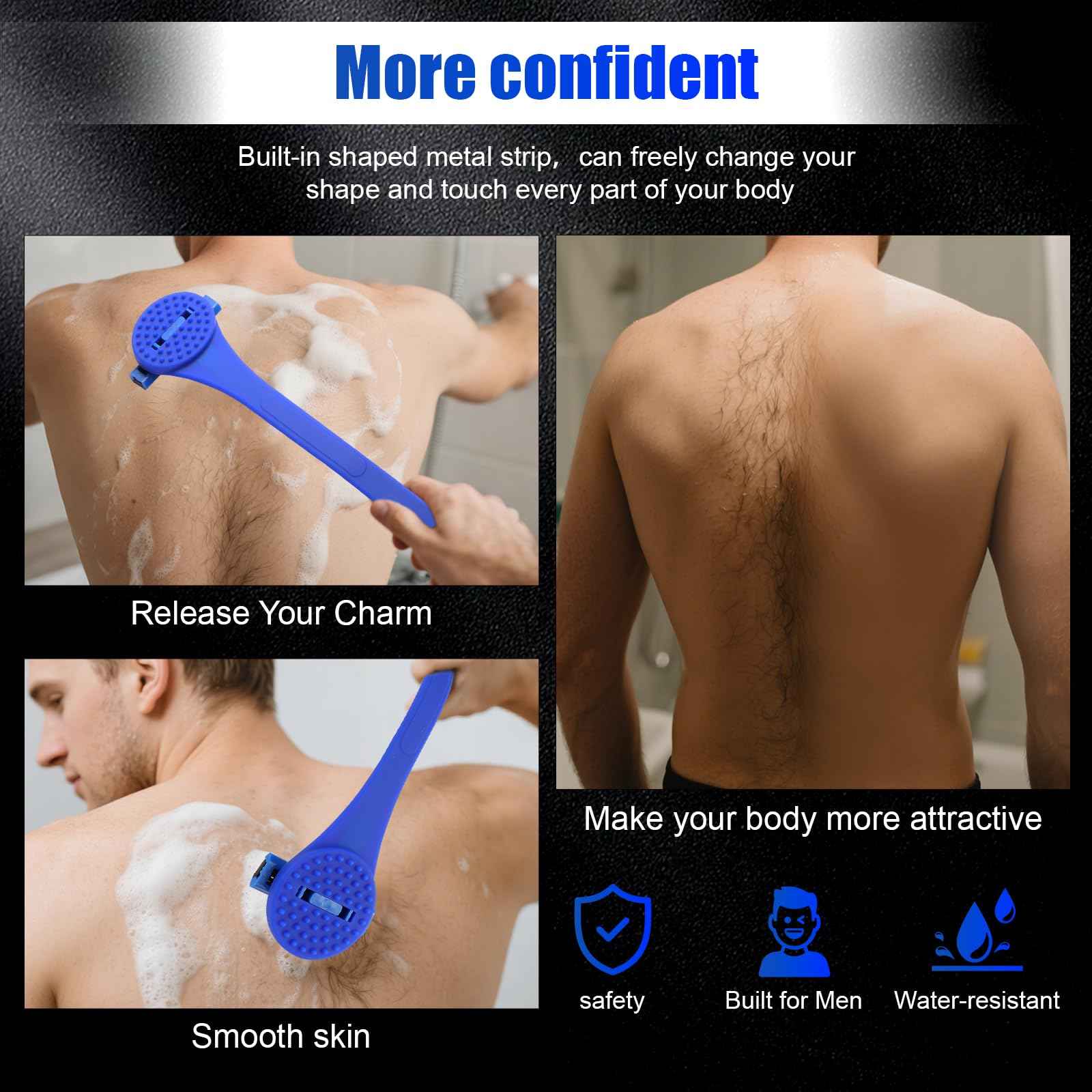 Back& Body Shaver for Men,Back Hair Trimmer for Men with Long Bendable Ergonomic Silicone Handle,10 of The Wet or Dry Disposable Razor Blades,Bath Brush Included(Blue)