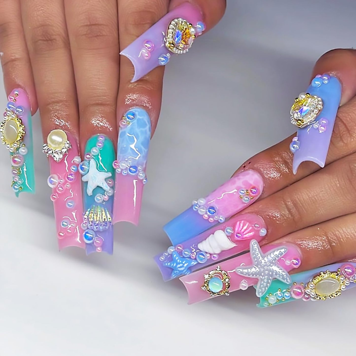 Tyuimhx Ocean Theme Press on Nails Square Long Fake Nails Summer Luxurious False Nails With 3D Starfish Seashells Rhinestones Pearls Designs Full Cover Stick on Nails Acrylic Artificial Nails 24Pcs