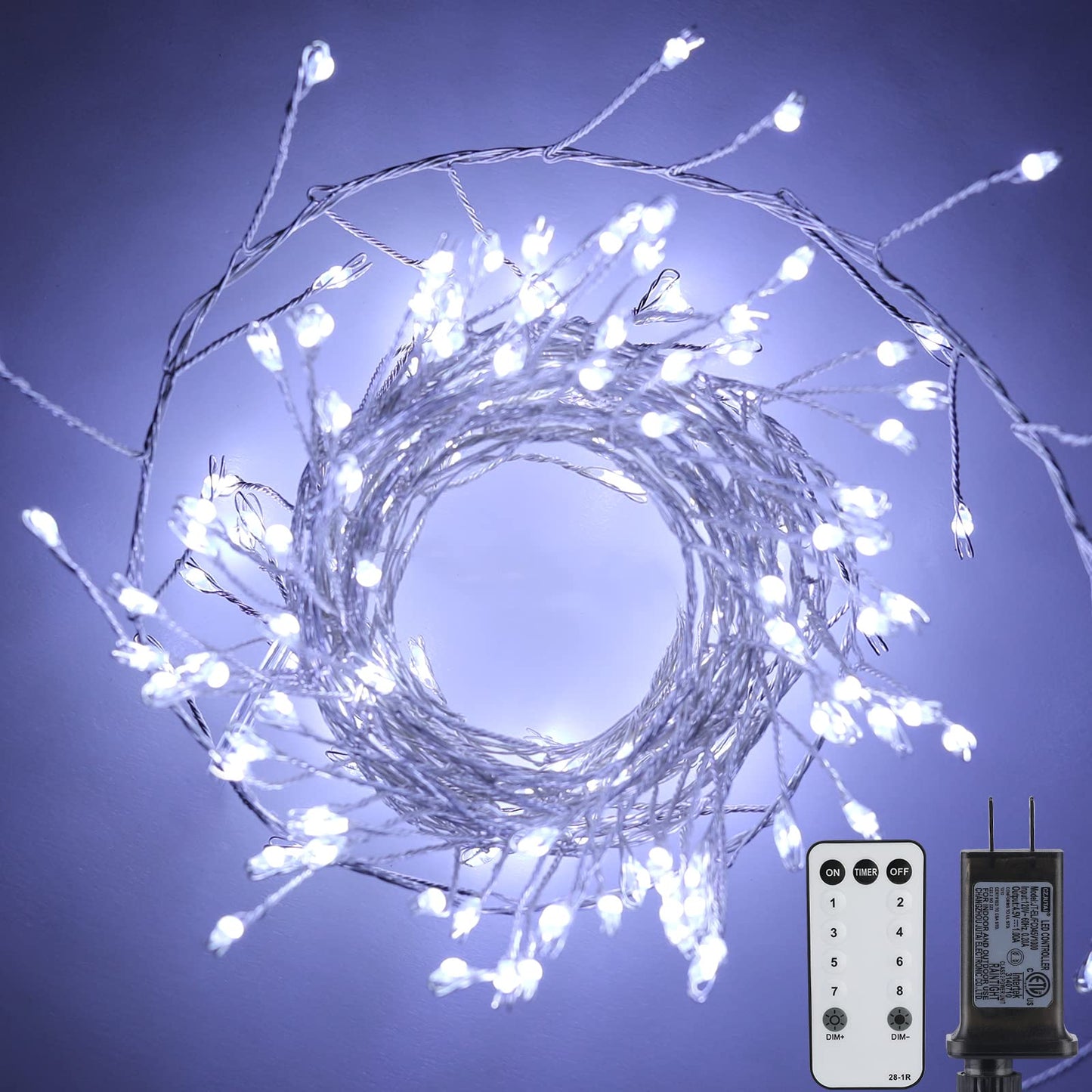 Fairy Lights Plug in, 10Feet 200 LEDs Firecracker String Lights with Remote, Christmas Lights Cluster Starry String Lights for Ceiling Bedroom Wreath Garland Window Christmas Decoration, Pure White