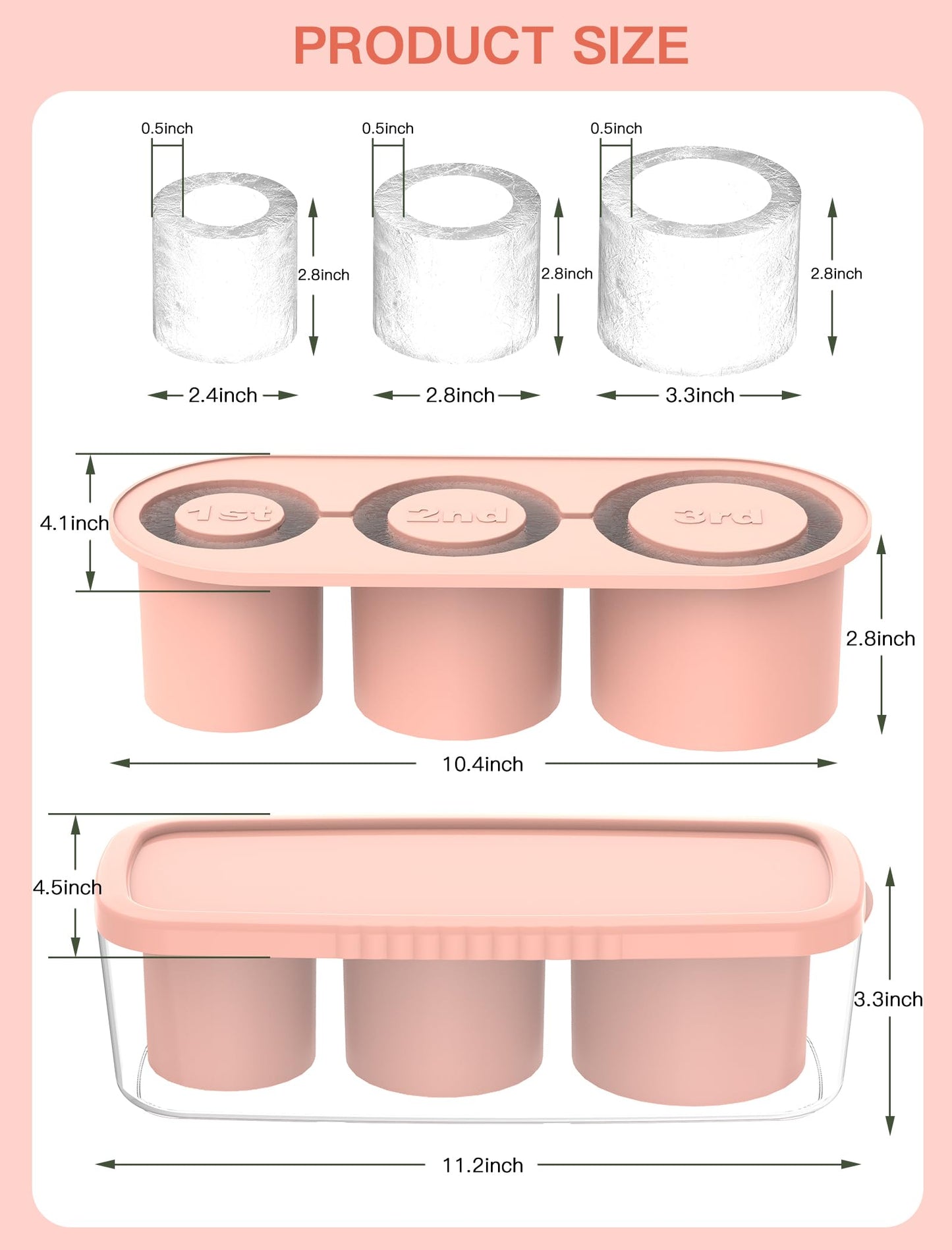 Ice Cube Tray for 30Oz-40Oz Tumbler, 3 Pcs Silicone Hollow Cylinder Ice Mold with Lid and Bin for Freezer, Ice Drink, Juice, Whiskey, Cocktail (Pink, 40 Oz)