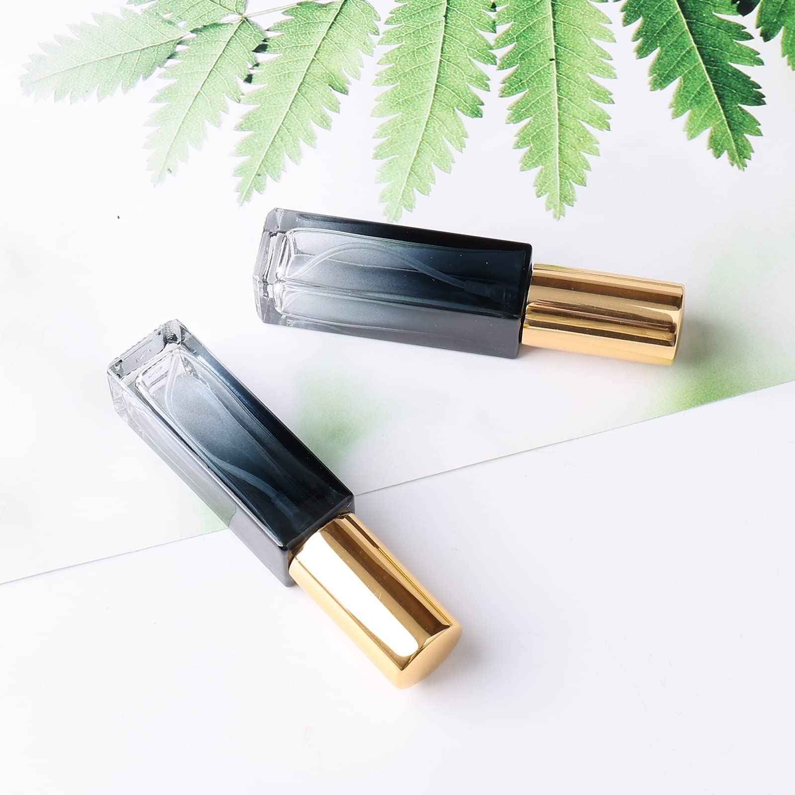 Newzoll 45pcs 10ml Mini Square Spray Bottle Glass Empty Spray Refillable Perfume Bottle Fine Mist Liquid Dispenser for Makeup Skin Care (Gold Cap)