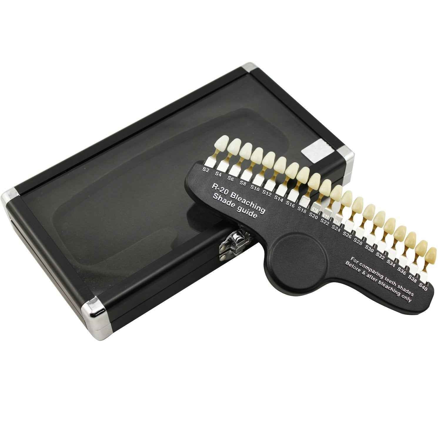 Professional 3D R-20 Teeth Whitening Shade Guide Dental 20 Colors Tooth Bleaching Shade Chart with Mirror Aluminum Case
