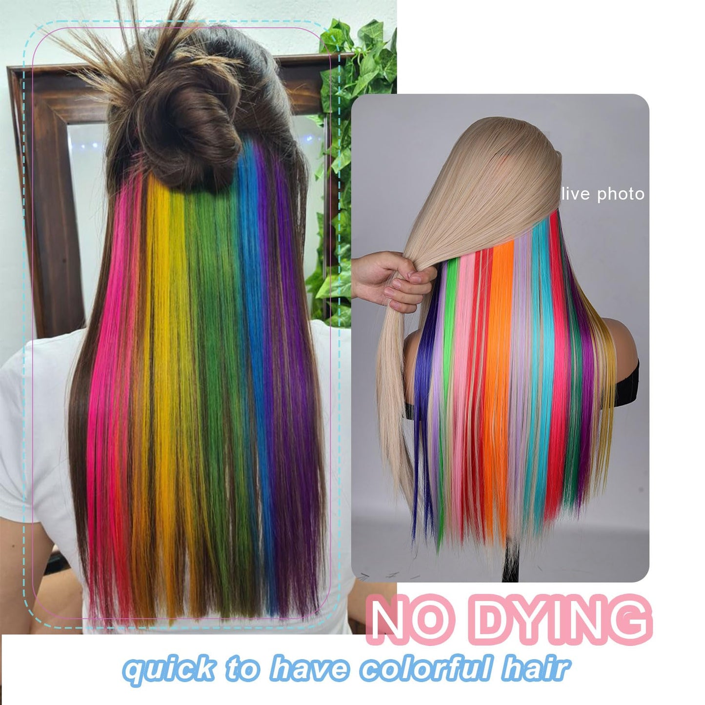 Colored Hair Extensions, Mixed Multiple Color Hair Extensions Clip in, Colorful Hair Pieces for women, 10 Pcs 22 Inches