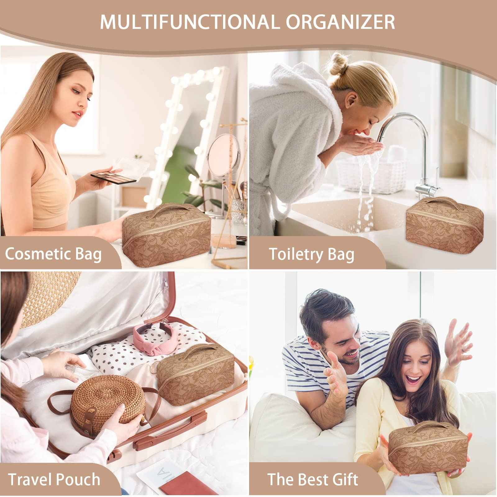 BAKLUCK Large Capacity Travel Cosmetic Bag with Compartment, Waterproof PU Leather Portable Flower Makeup Organizer Bag for Women and Girls - Khaki