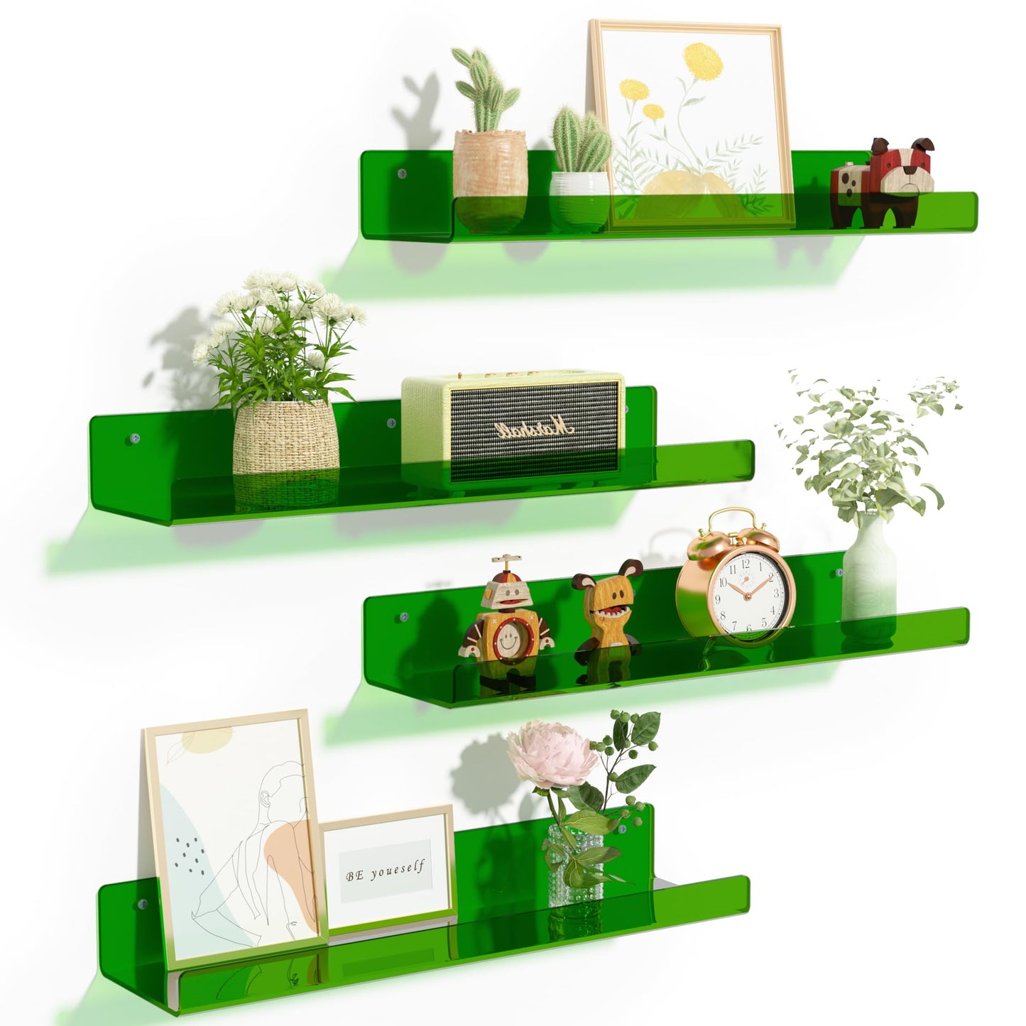 upsimples 4 Pack Acrylic Shelves for Wall Storage, 15" Floating Bookshelves for Kids, Display Shelf Organizer for Bathroom, Bedroom, Living Room, Kitchen, Room Decor, Clear Green