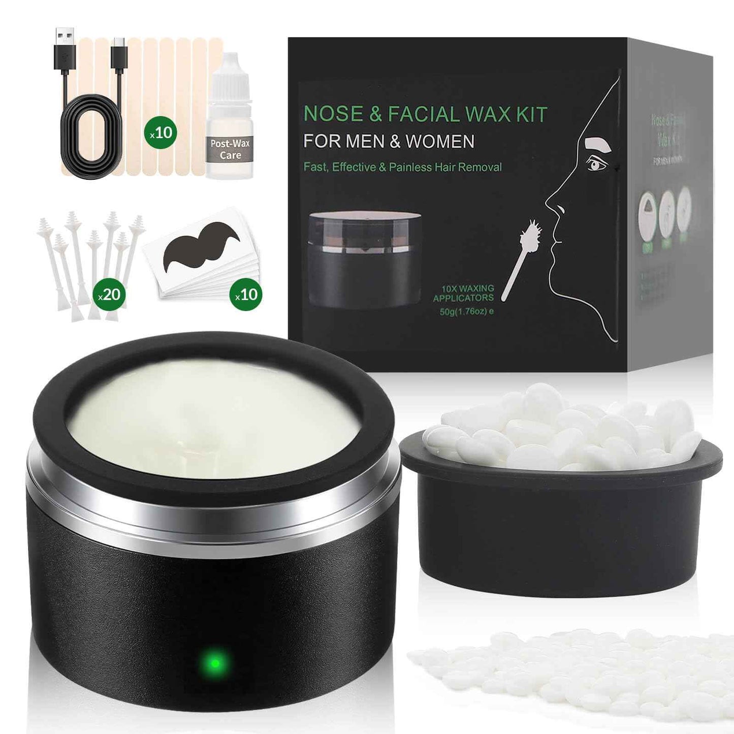 Nose Wax Kit Men & Nose Ear Hair Waxing Kit with 100g Nose Wax Beads,20 Sticks, Fast Heat, Smart Constant Temp, Portable Nose Hair Wax Kit，Multi-Purpose for Eyebrows/Lips (Black-USB)