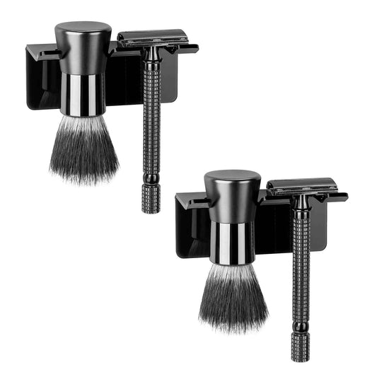 LUEXBOX 2 Pack Safety Razor Holder for Shower Wall, Self Adhesive Razor and Brush Stand for Bathroom, Shaving Brush Stand Compatible with Fusion 5 Proglide, Mach 3 Classic(Black Clear)