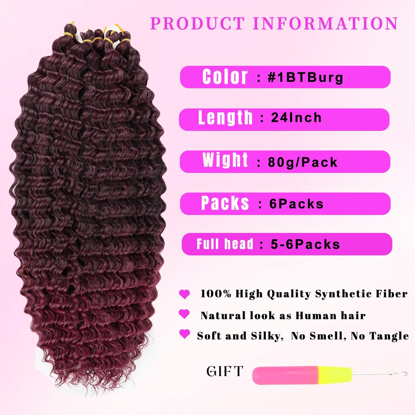 Curly Braiding Hair 24 Inch 6 Packs Ombre Burgundy Ocean Wave Crochet Hair Wet and Wavy Braiding Hair Crochet Hair for Black Women