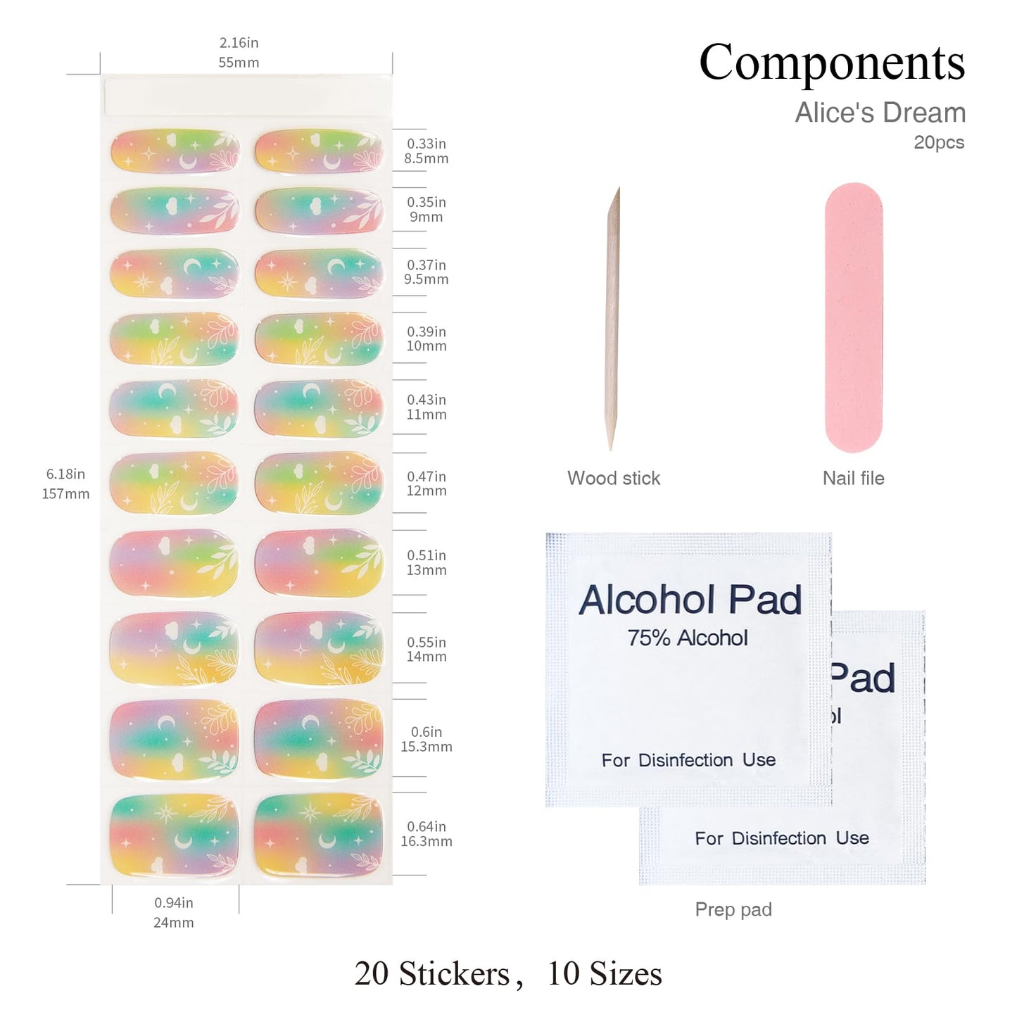 Nelikoo Semi Cured Gel Nail Strips, 20 PCS Gel Nail Stickers Work with UV Light, Gel Nail Wraps, Salon Quality & Easy to Use - Alice's Dream