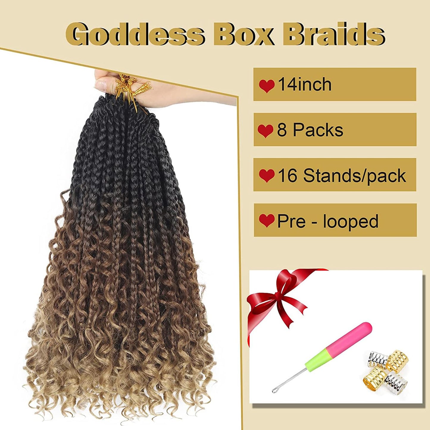 Goddess Box Braids Crochet Hair With Curly Ends 14 Inch Bohomian Box Braids Crochet Braids 8 Packs 3X Crochet Braids Synthetic Braiding Hair Extension for Black Women (14 Inch (Pack of 8), M1B 30 27)