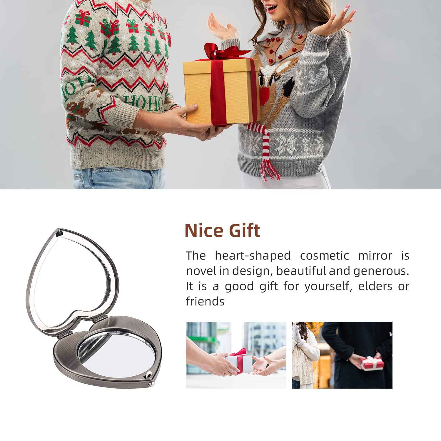 EYIDADAE Mini Vintage Heart Elegant Metall Makeup Mirror, Portable 1X/2X Magnifier (Silver)