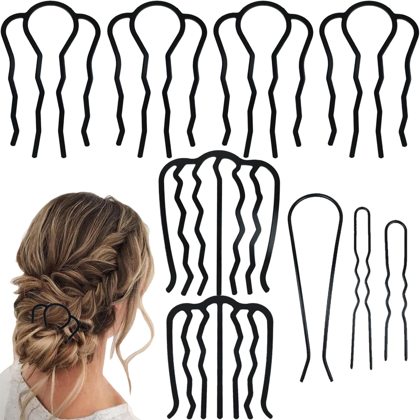 9 Pieces Hair Styling Accessories - Side Combs with 2/4/7 Teeth, U-Shaped Metal Combs, Forks, Clips and Sticks for Hair Styling