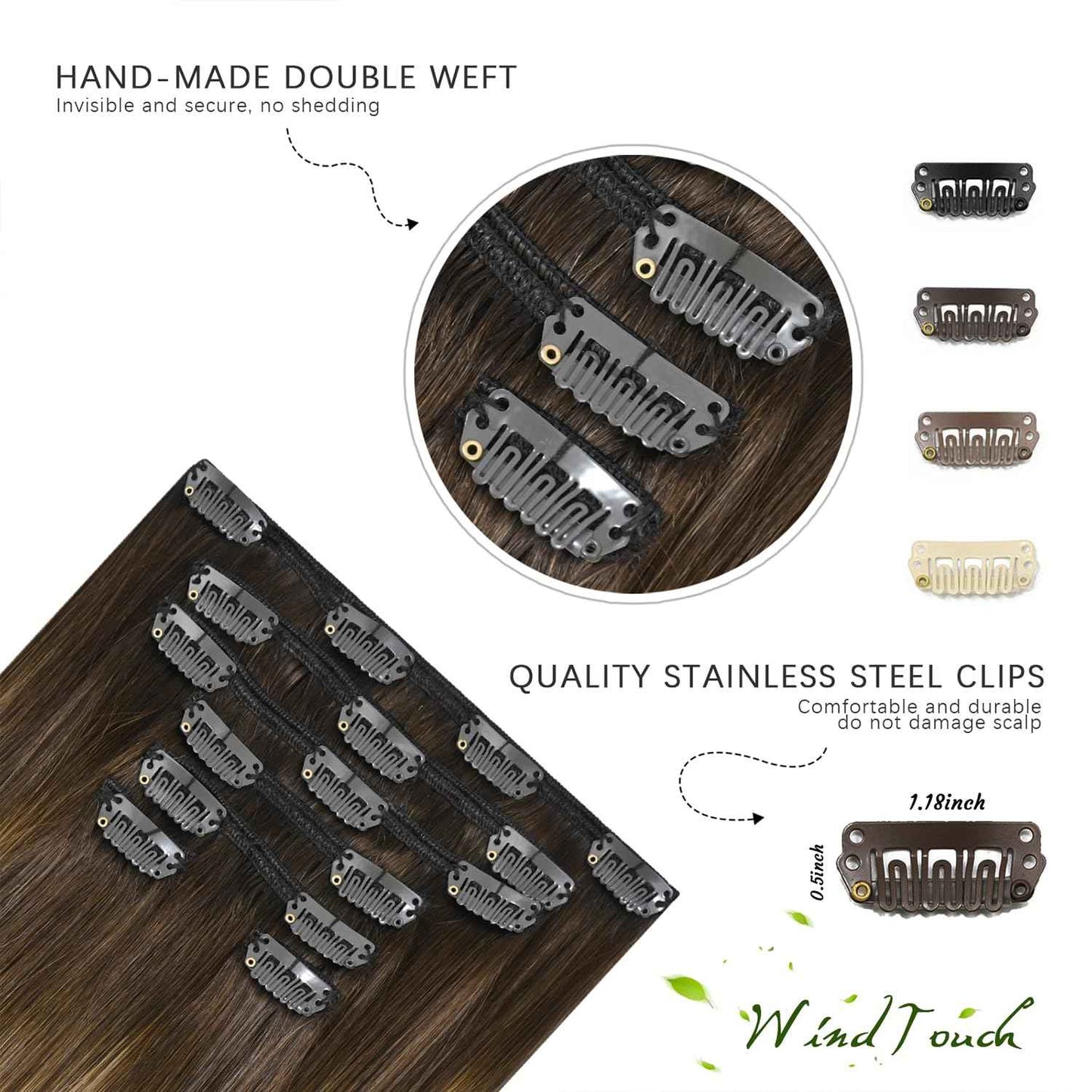 WindTouch Clip in Hair Extensions Real Human Hair Balayage Chocolate Brown To Dark Blonde Ombre Highlights for Brown Hair 12Inch 75g #4T27P4 7PCS