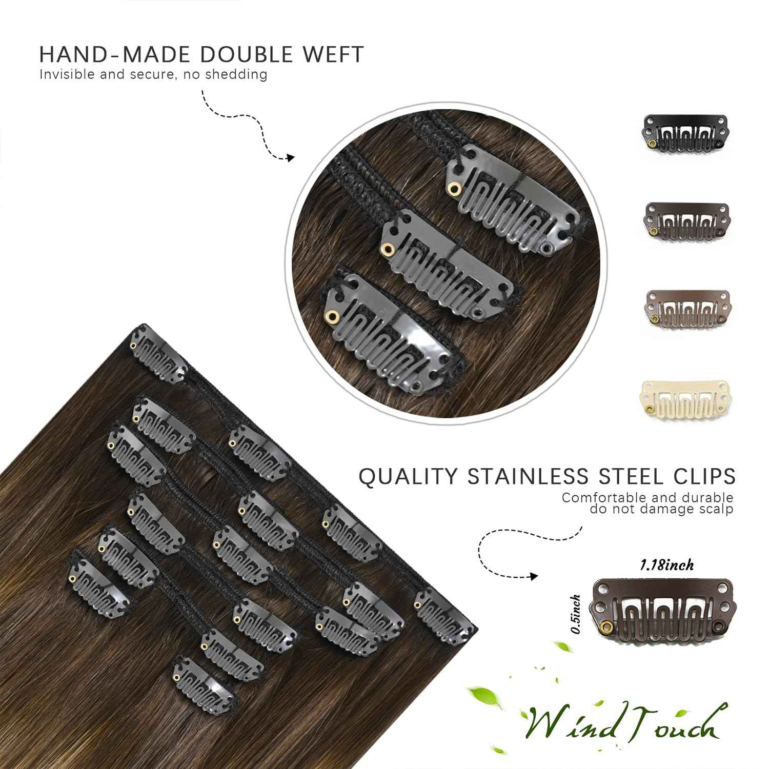 WindTouch Clip in Hair Extensions Real Human Hair Balayage Chocolate Brown To Dark Blonde Ombre Highlights for Brown Hair 12Inch 75g #4T27P4 7PCS