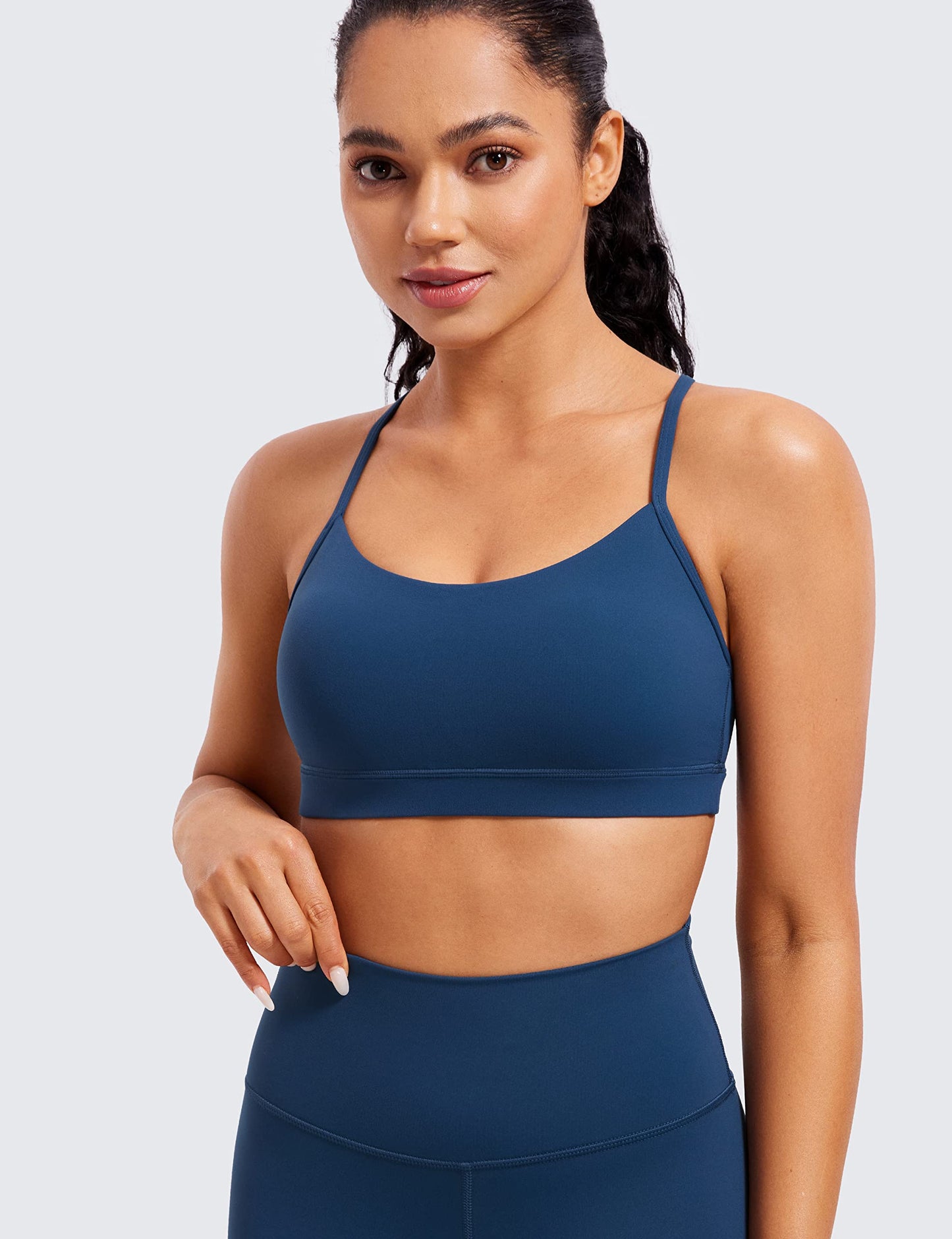 CRZ YOGA Butterluxe Womens Y Back Sports Bra - Padded Racerback Low Impact Spaghetti Thin Strap Workout Yoga Bra French Navy X-Small